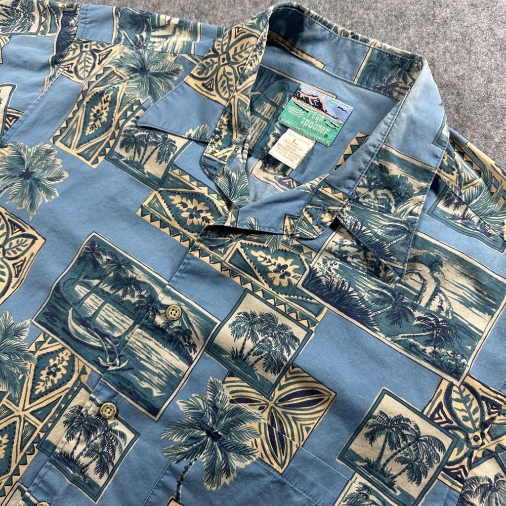 Reyn Spooner Hawaiian Shirt Mens‎ Large Blue Tropical Palm Tree Cotton Flaws